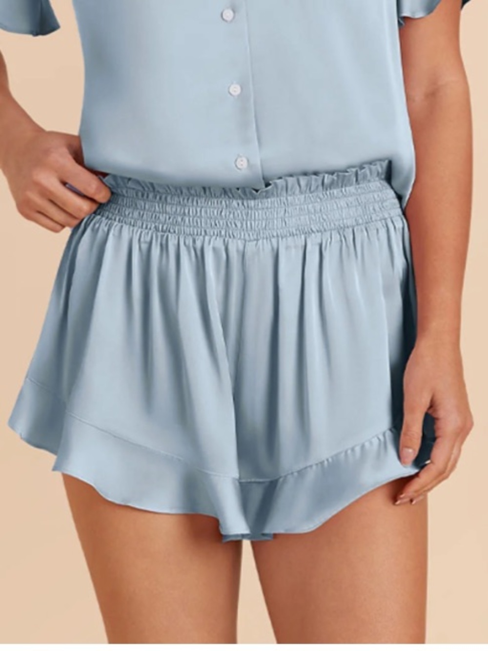 Birdy Grey Dusty Blue Satin Ruffle Pajama Shorts